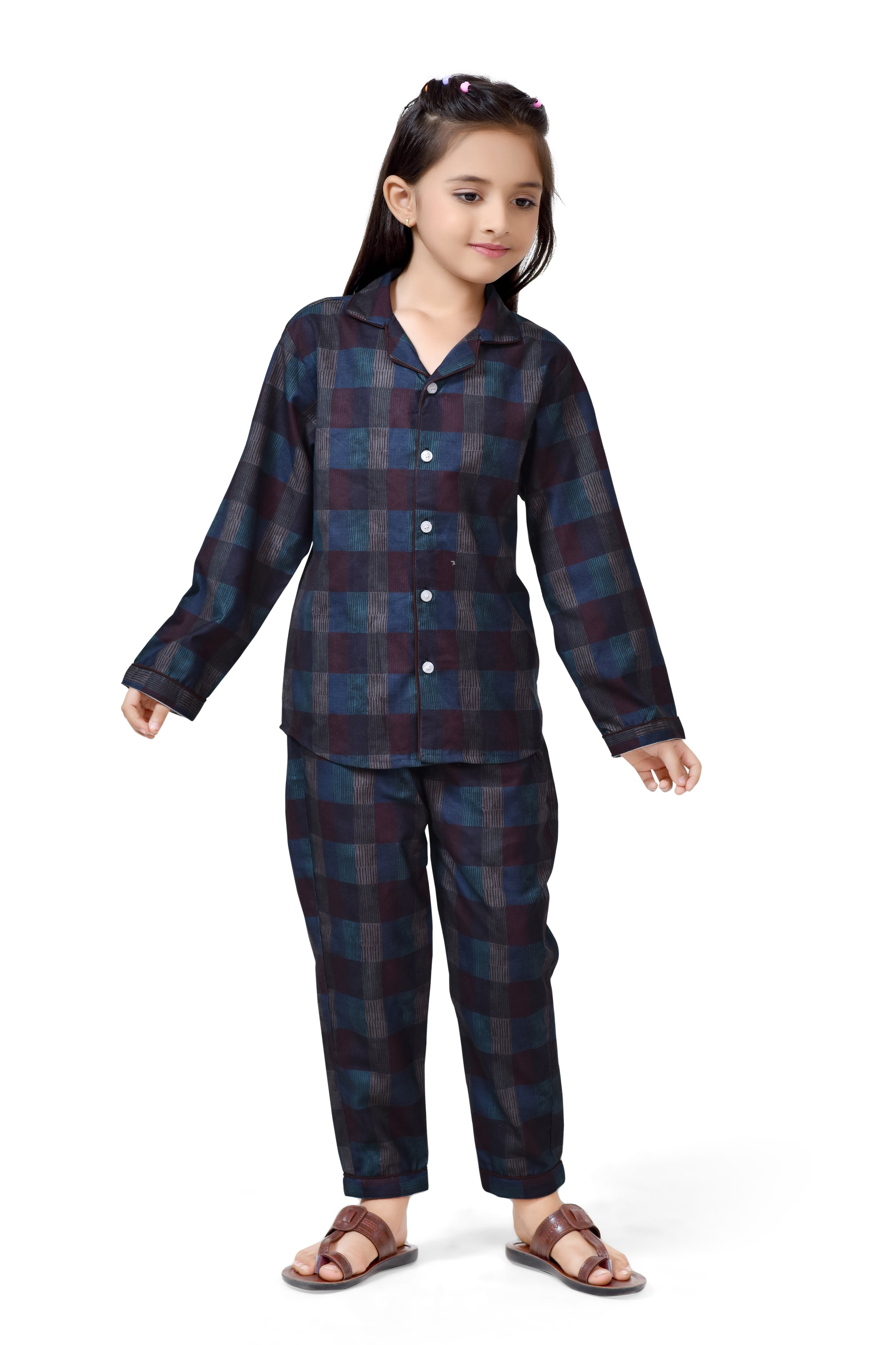 Midnight Blue Plaid Printed Girls Cotton Night Suit - Long Sleeves