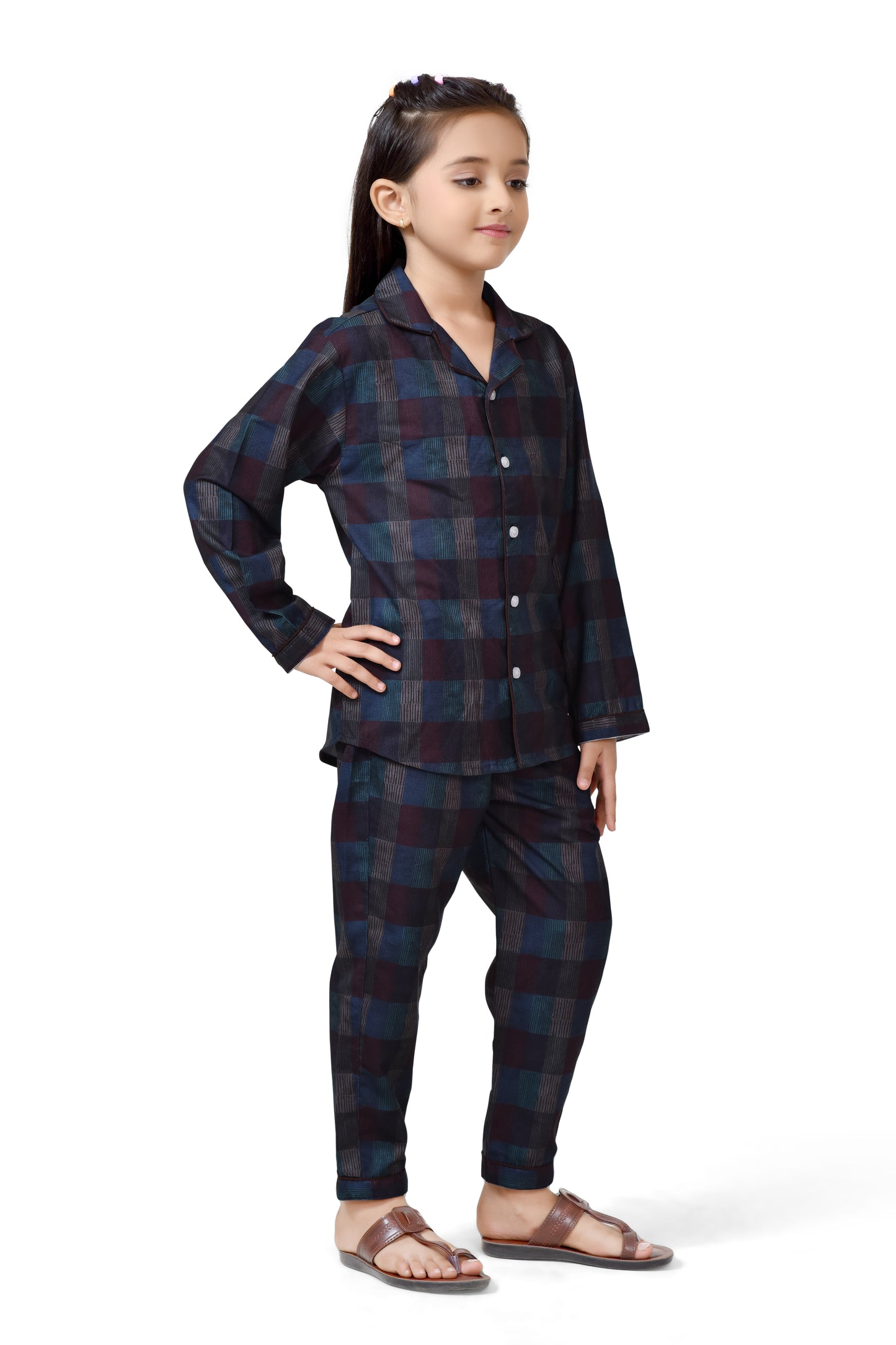 Midnight Blue Plaid Printed Girls Cotton Long Night Suit