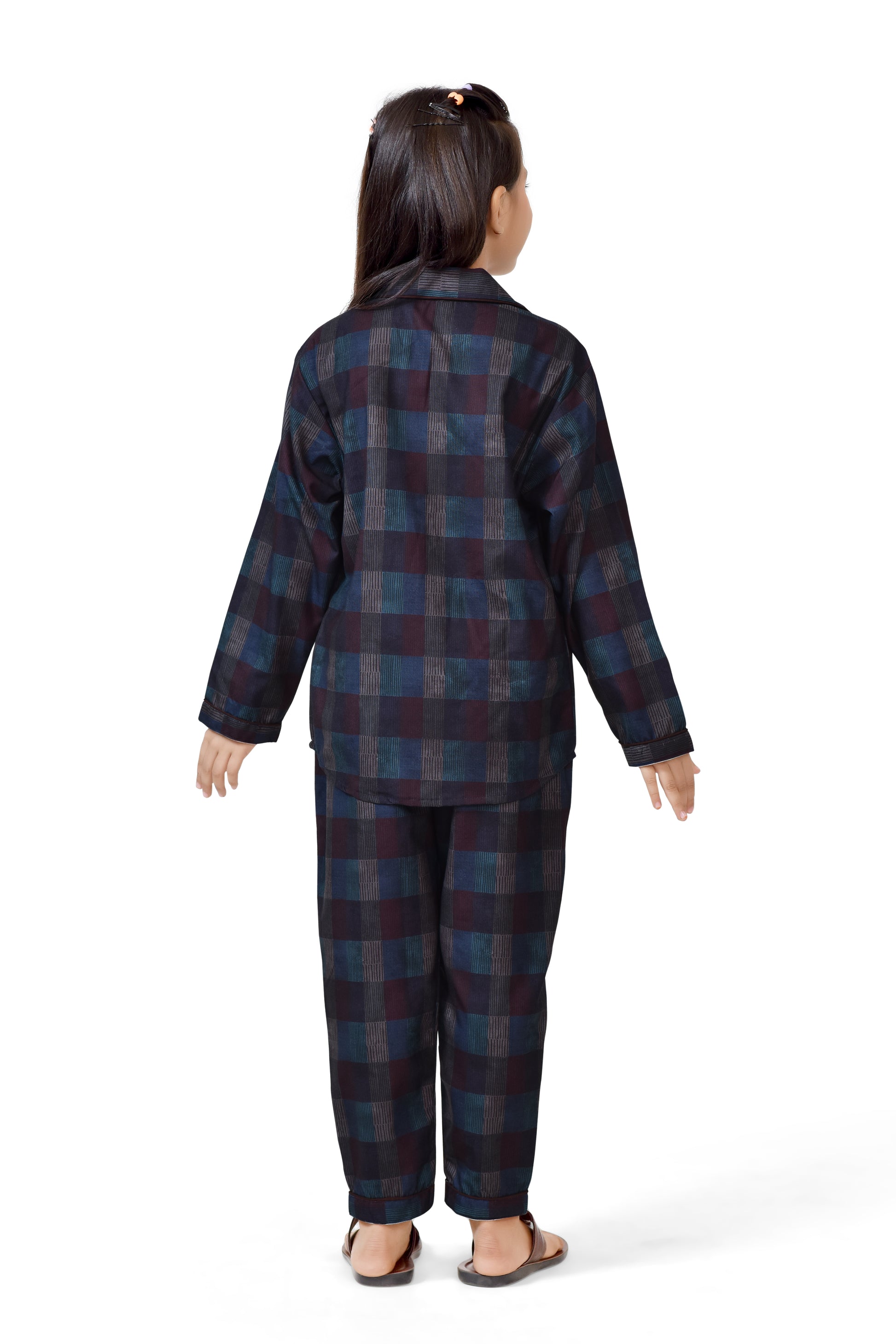 Midnight Blue Plaid Printed Girls Cotton Night Suit - Back Side