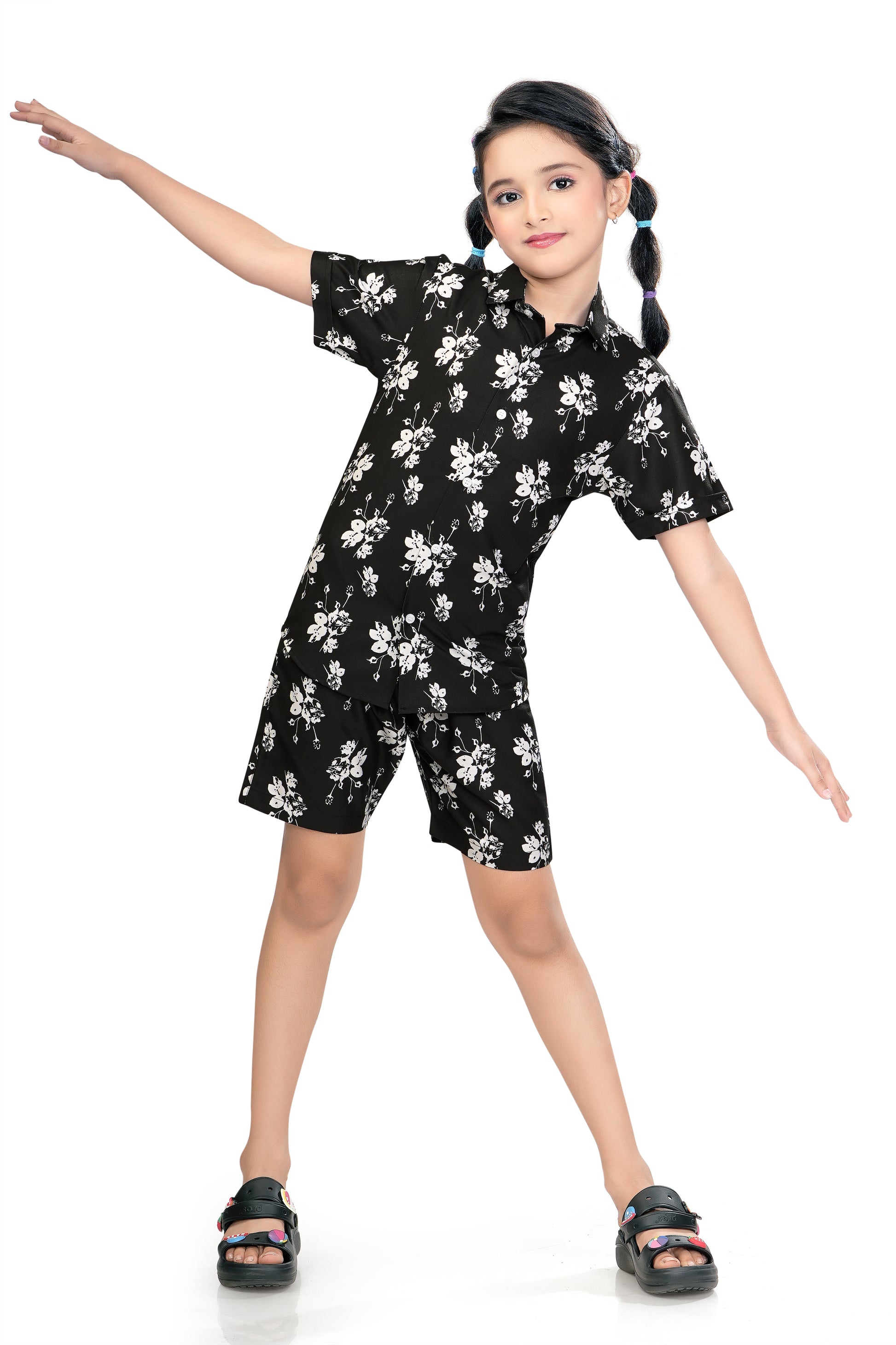 Monochrome-Floral-Printed-Girls-Cotton-Co-Ord-Set