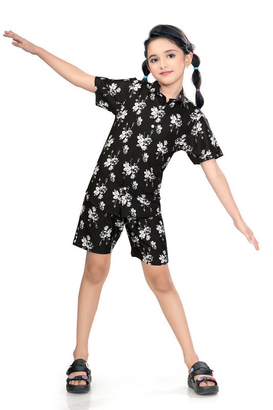 Monochrome-Floral-Printed-Girls-Cotton-Co-Ord-Set