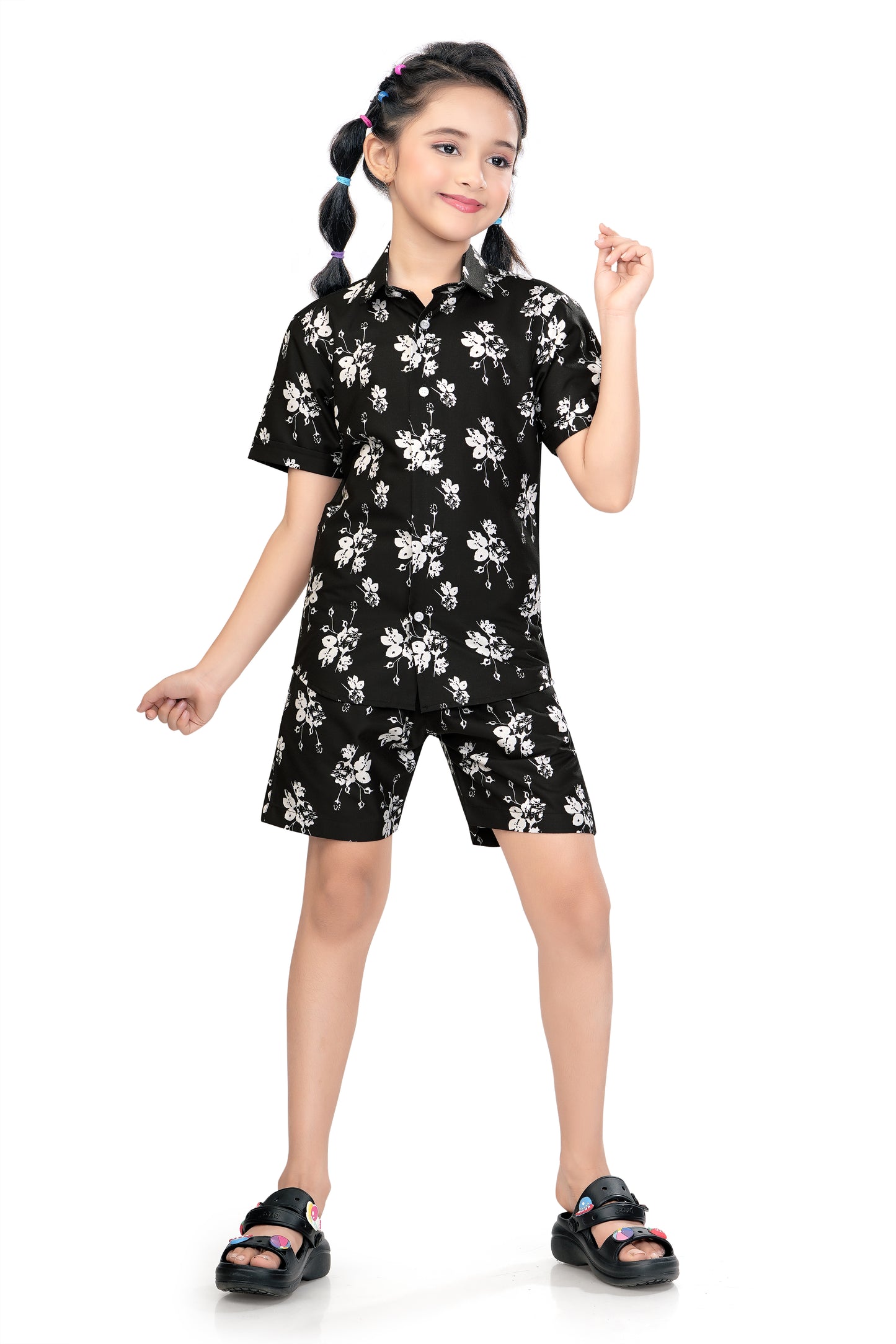 Monochrome-Floral-Printed-Girls-Cotton-Co-Ord-Set-FrontView