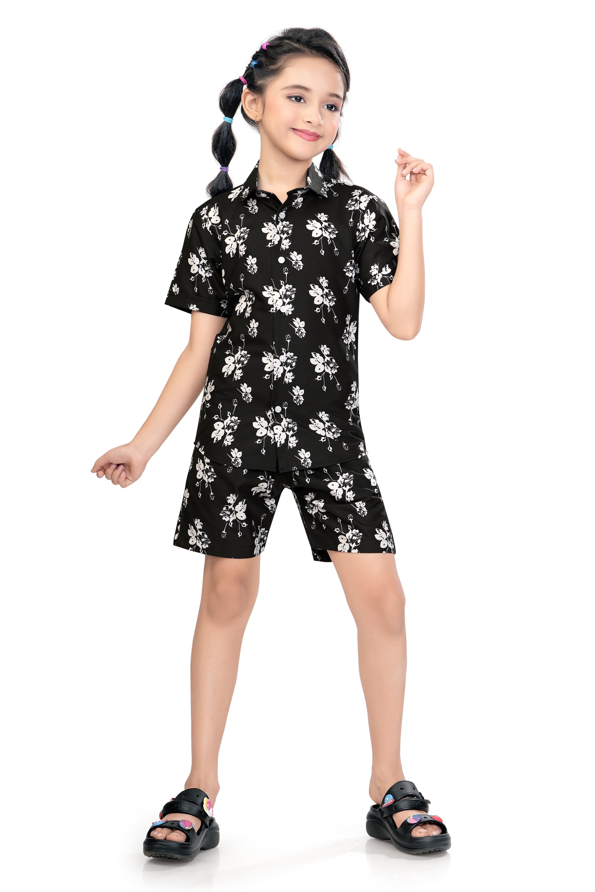 Monochrome-Floral-Printed-Girls-Cotton-Co-Ord-Set-FrontView