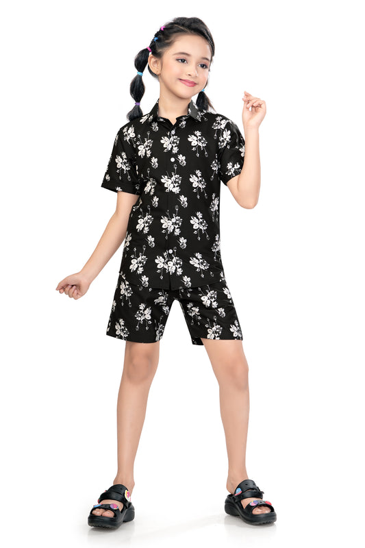 Monochrome-Floral-Printed-Girls-Cotton-Co-Ord-Set-FrontView