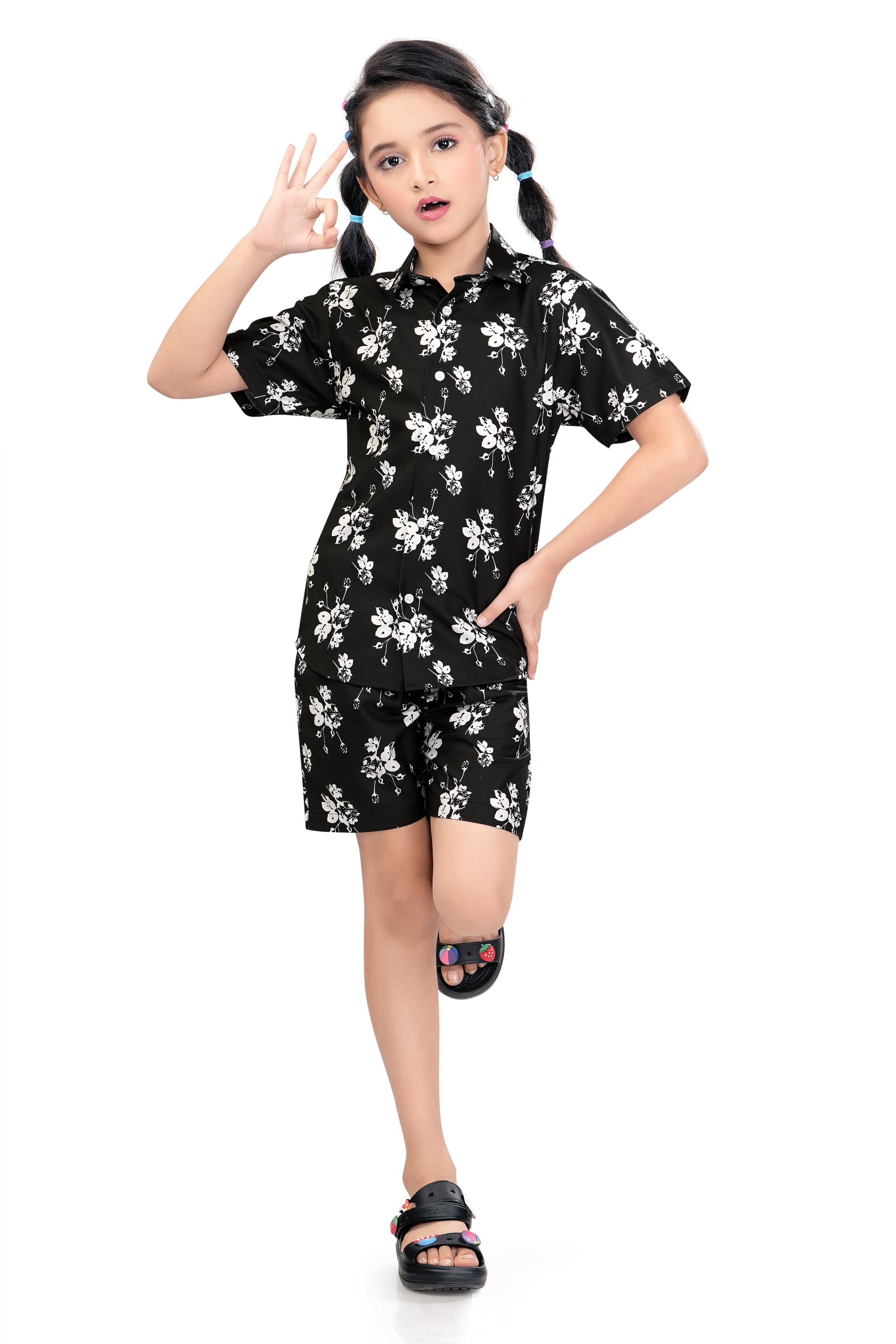Monochrome-Floral-Printed-Girls-Cotton-Co-Ord-Set-Stylish