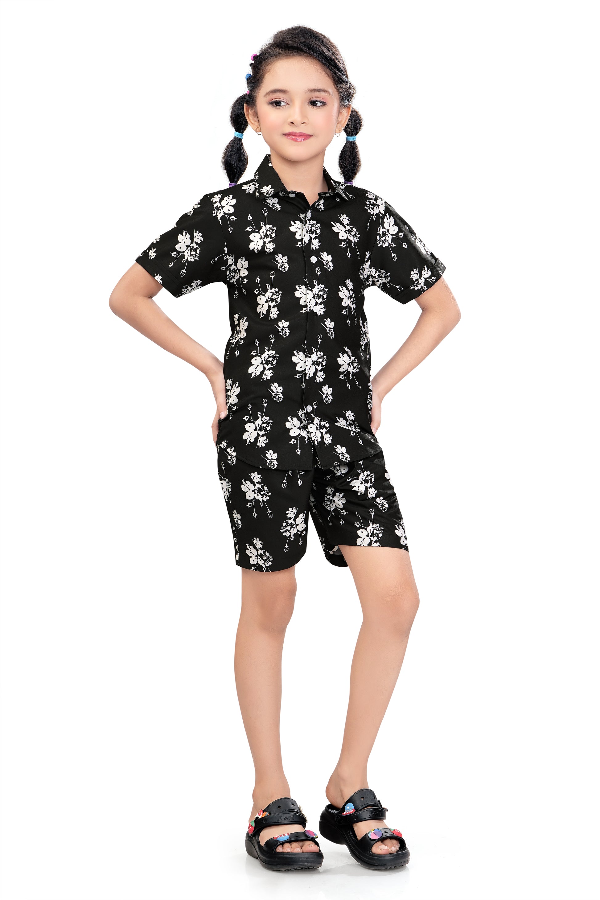 Monochrome-Floral-Printed-black-Girls-Cotton-Co-Ord-Set-