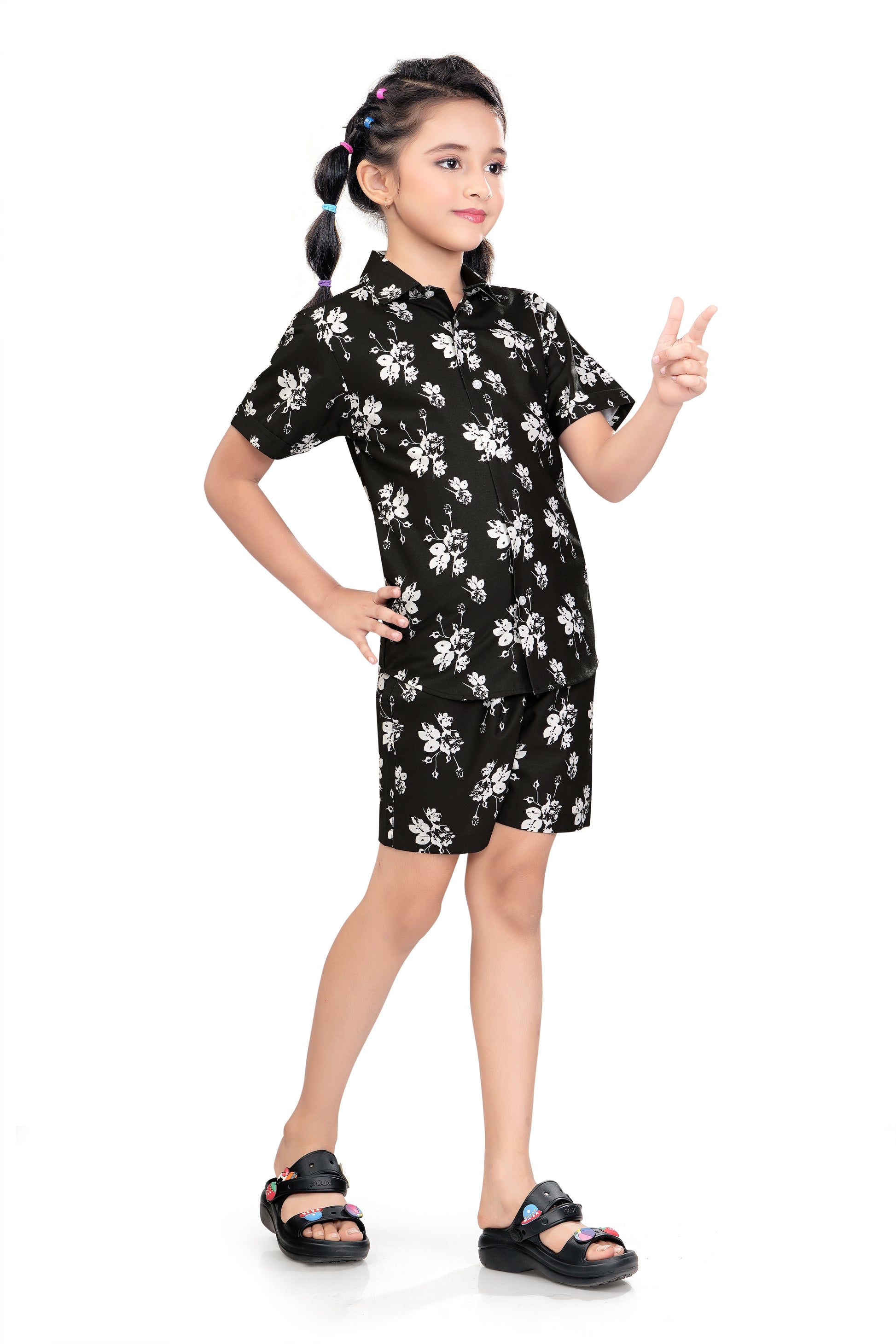 Monochrome-Floral-Printed-Girls-Cotton-Co-Ord-Set-SideView