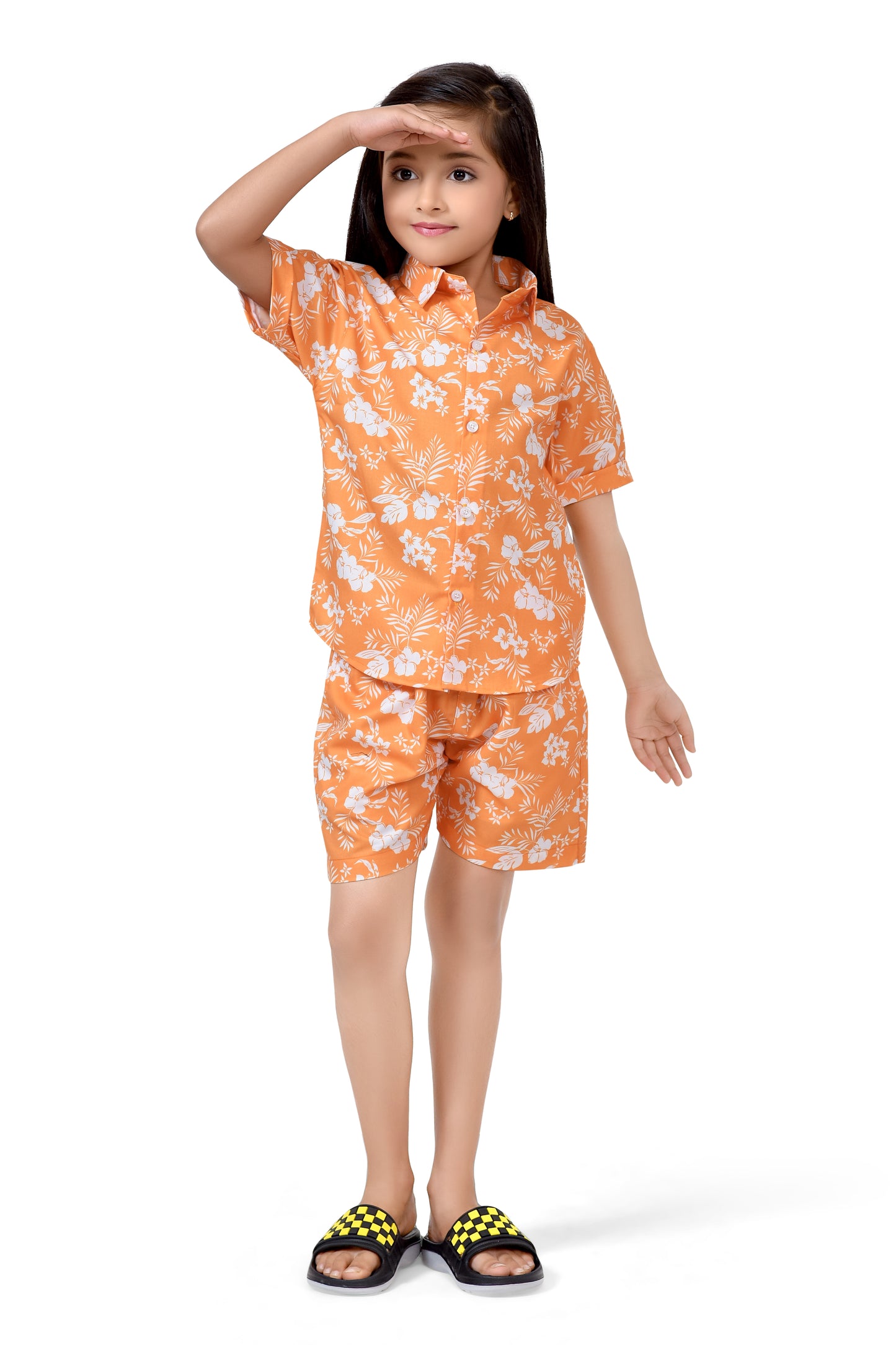 Buy Orange Tropical Flower Printed Girls Cotton Co-Ord Set Online - Club96.in