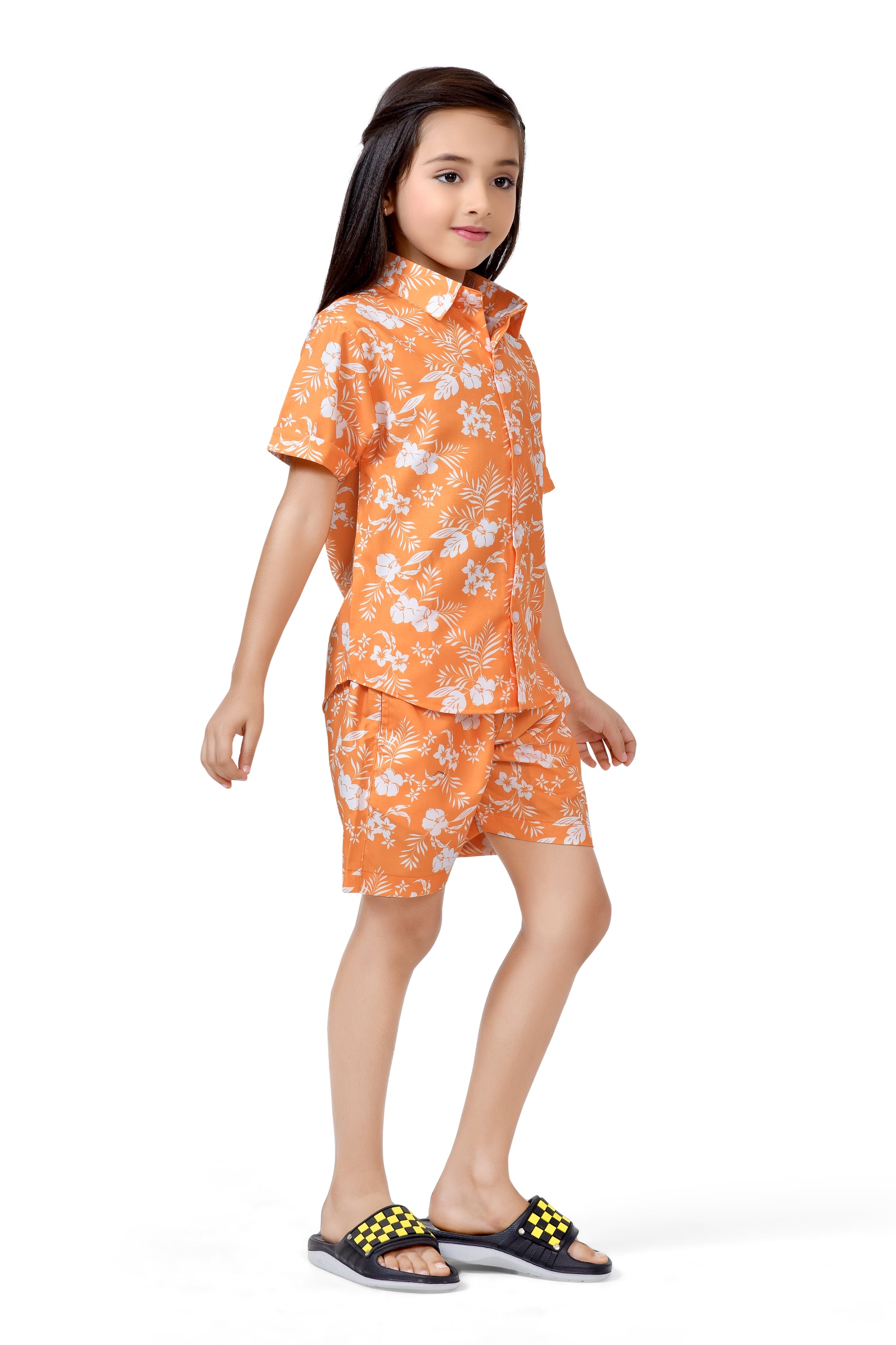 Orange Tropical Flower Printed Girls Cotton Co-Ord Set