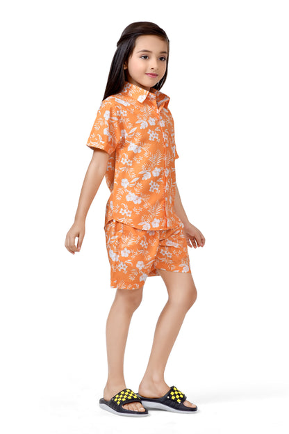 Orange Tropical Flower Printed Girls Cotton Co-Ord Set