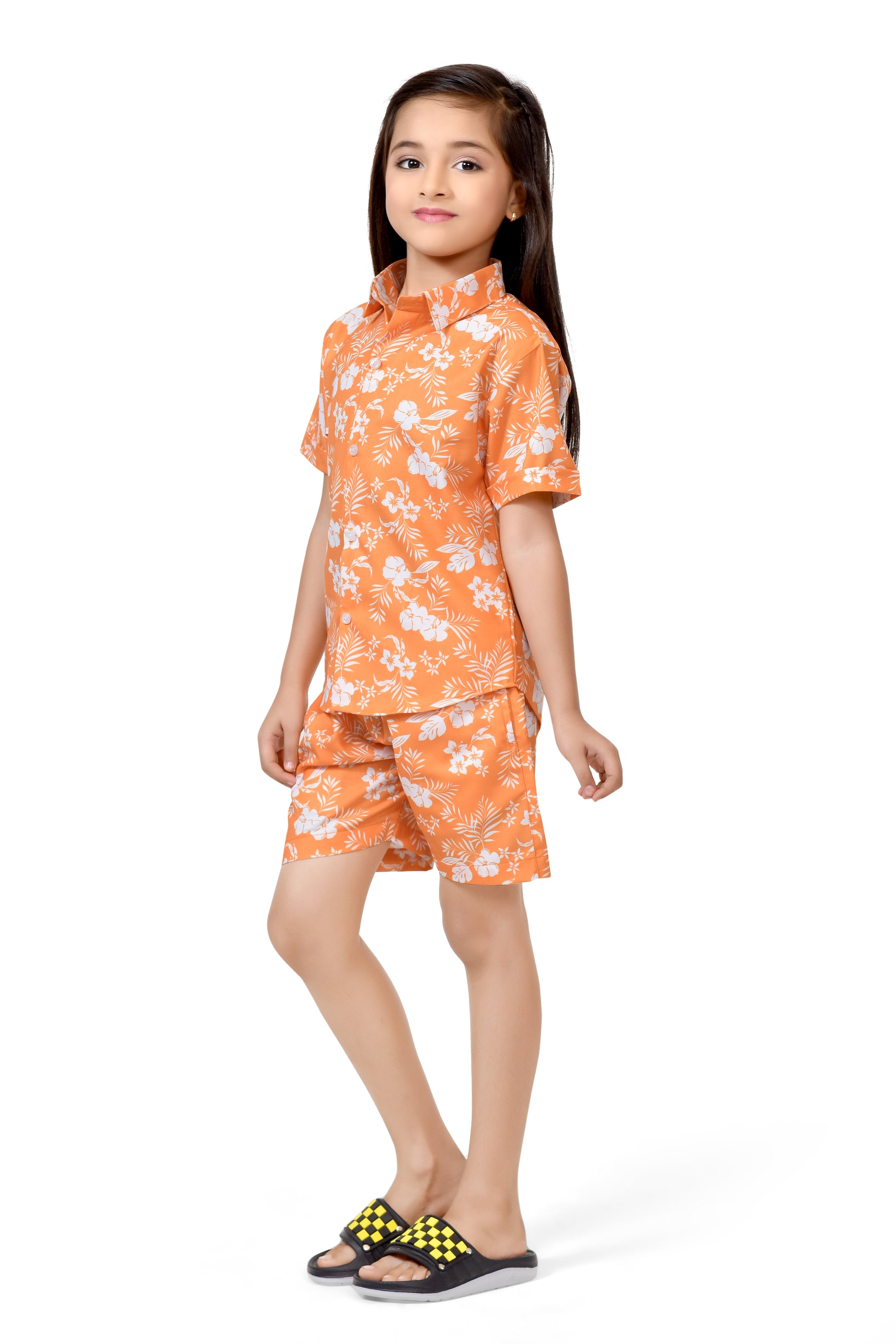 Tropical Flower Printed Orange Color Girls Cotton Co-Ord Set - Side View