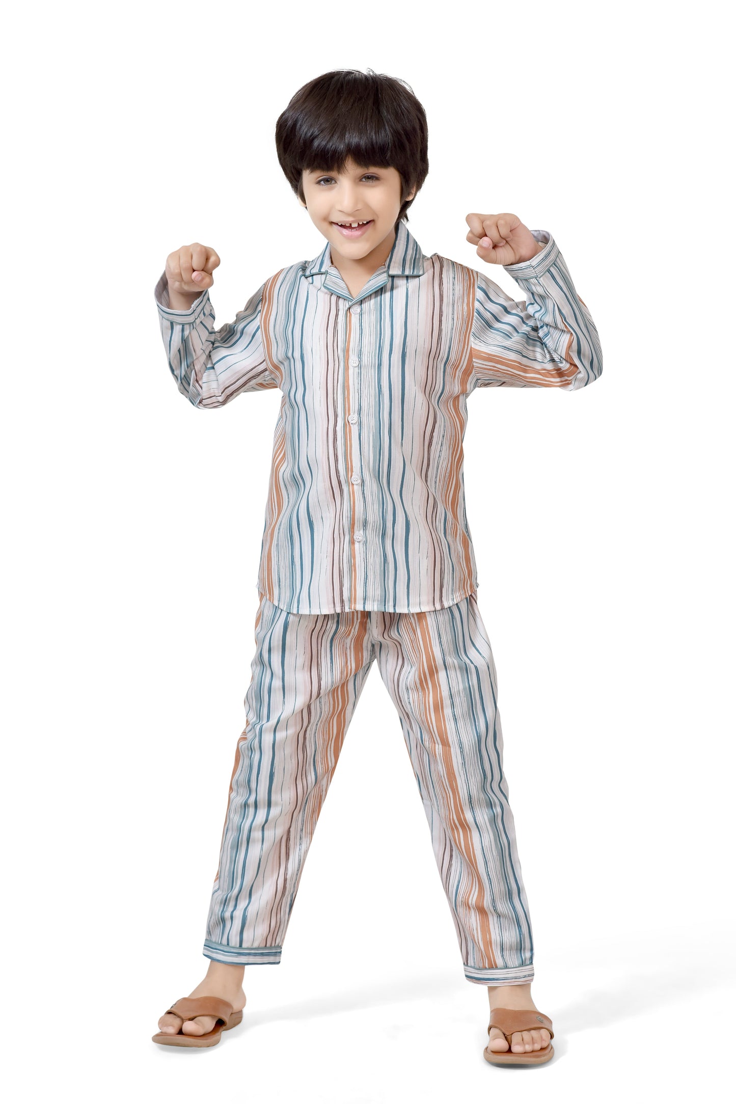 Buy Orange and Blue Striped Kids Boys Long Night Suit Online - Club96