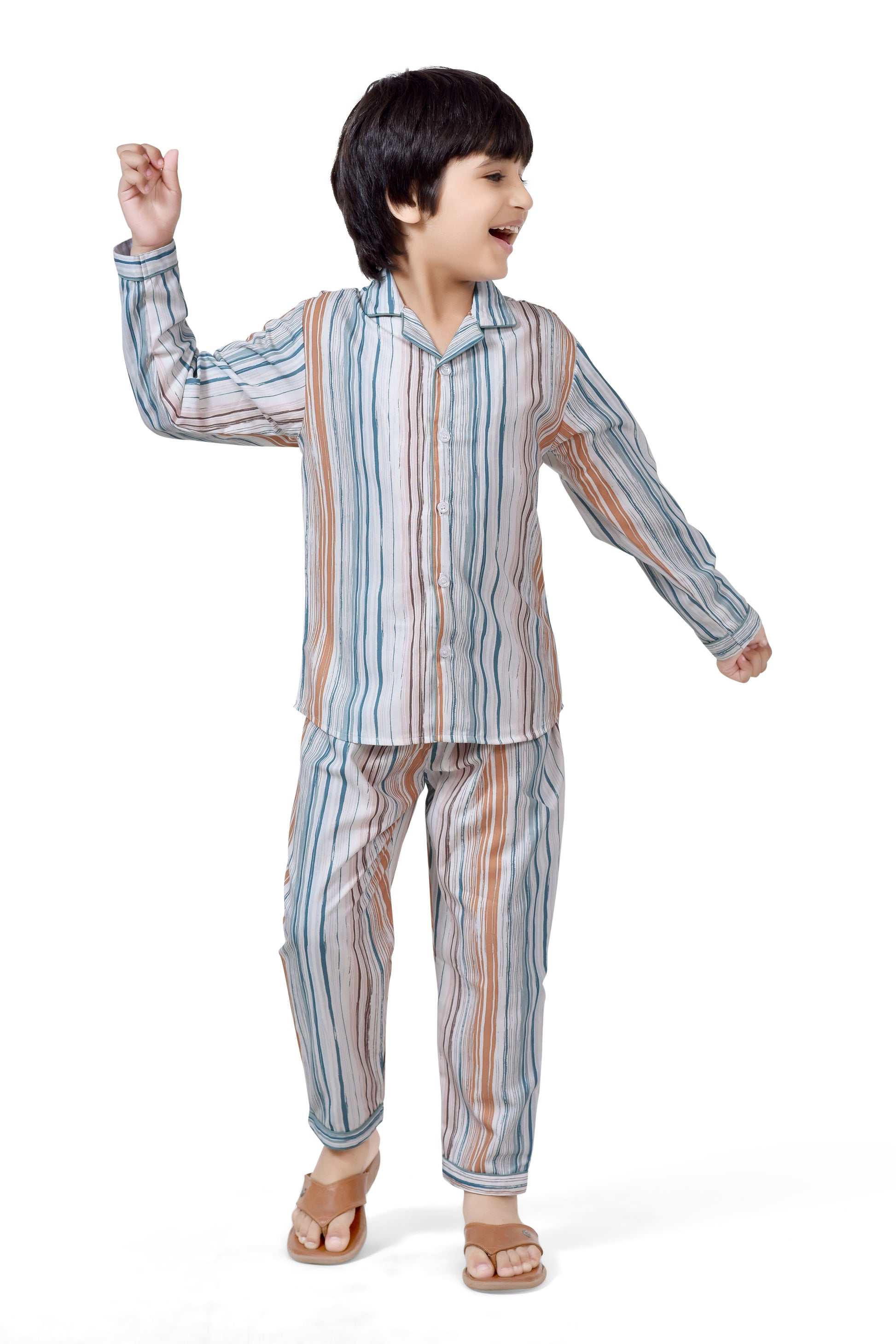 Orange and Blue Striped Kids Boys Long Sleeve Night Suit