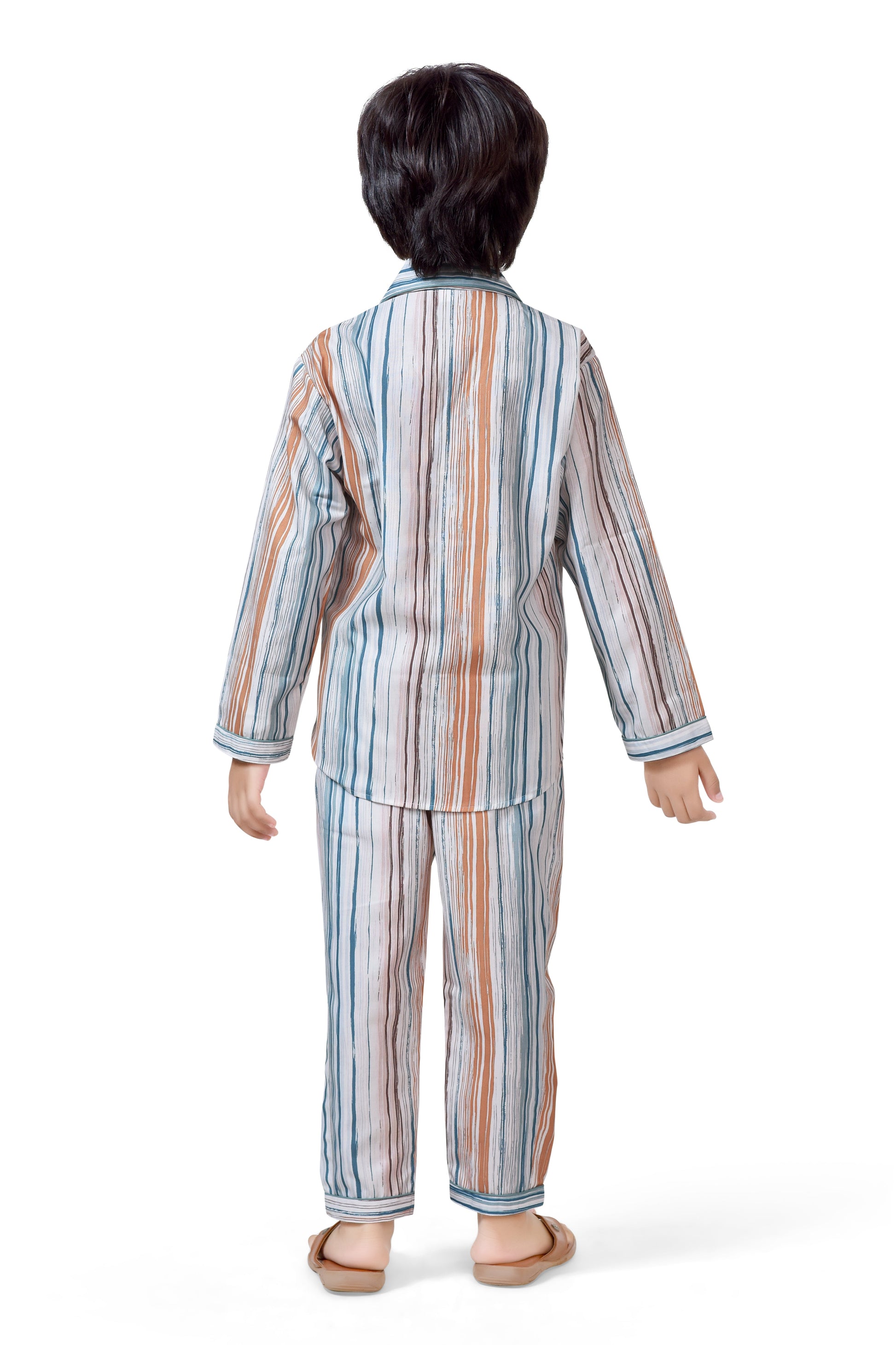 Orange and Blue Striped Kids Boys Long Night Suit - Back Side