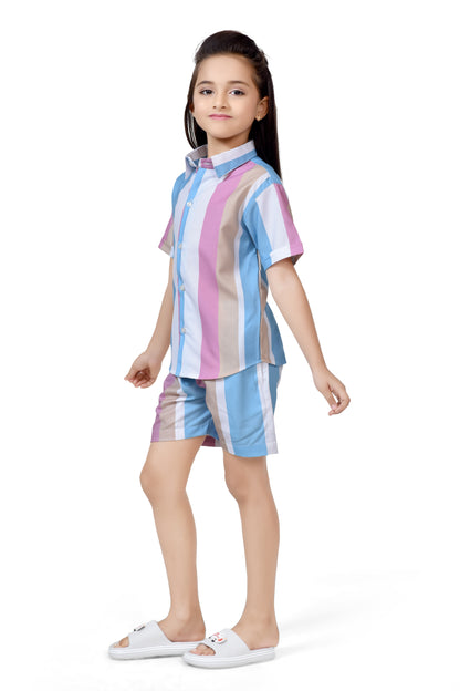 Girls Striped Printed Pastel Color Cotton Co-Ord Set - Side View