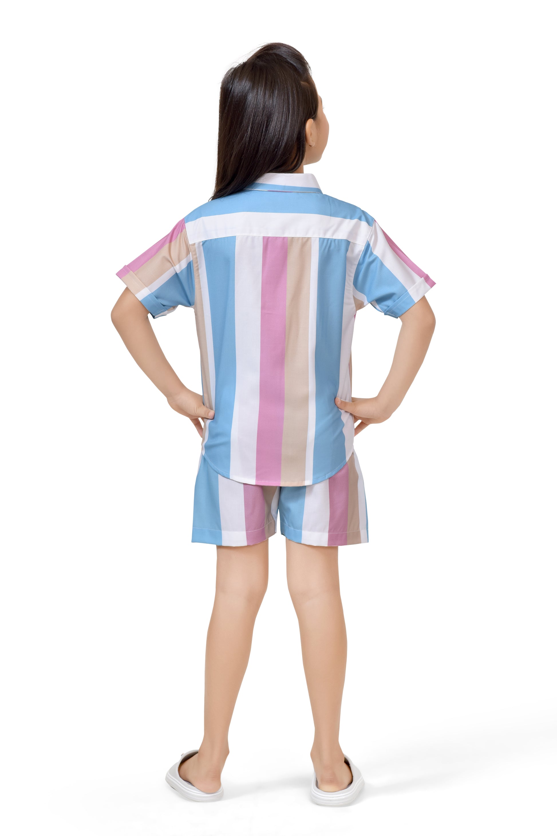 Girls Striped Printed Pastel Color Cotton Co-Ord Set - Back Side