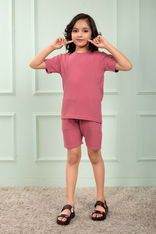 Pink_waffle_cotton_cute_shorts_and_t_shirt_set_for_Girl