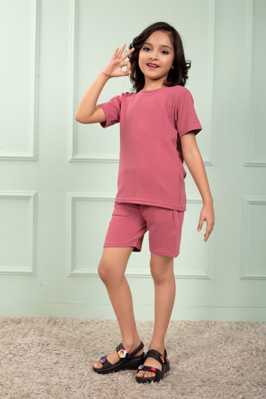 Pink_waffle_cotton_cute_shorts_and_t_shirt_set_for_Girl - SideView