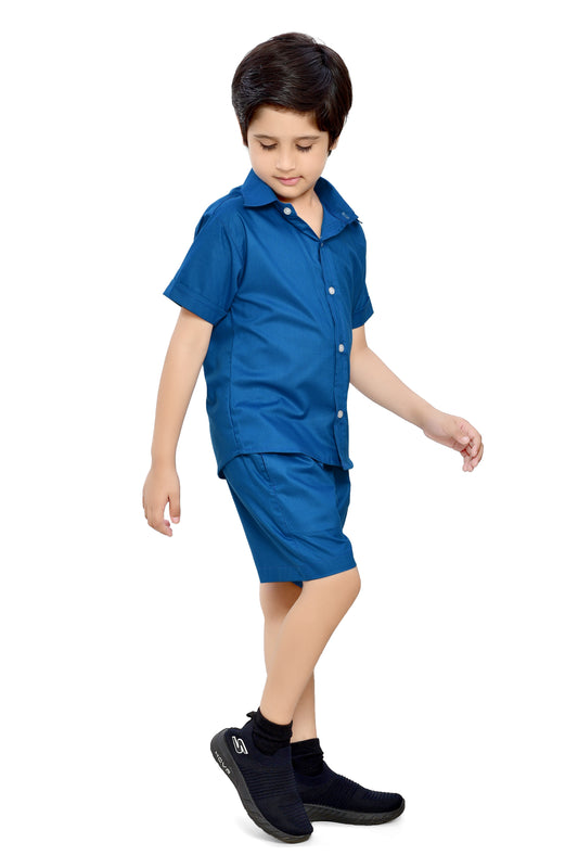 Plain Blue Cotton Summer Special Co-Ord Set for Boys - Front