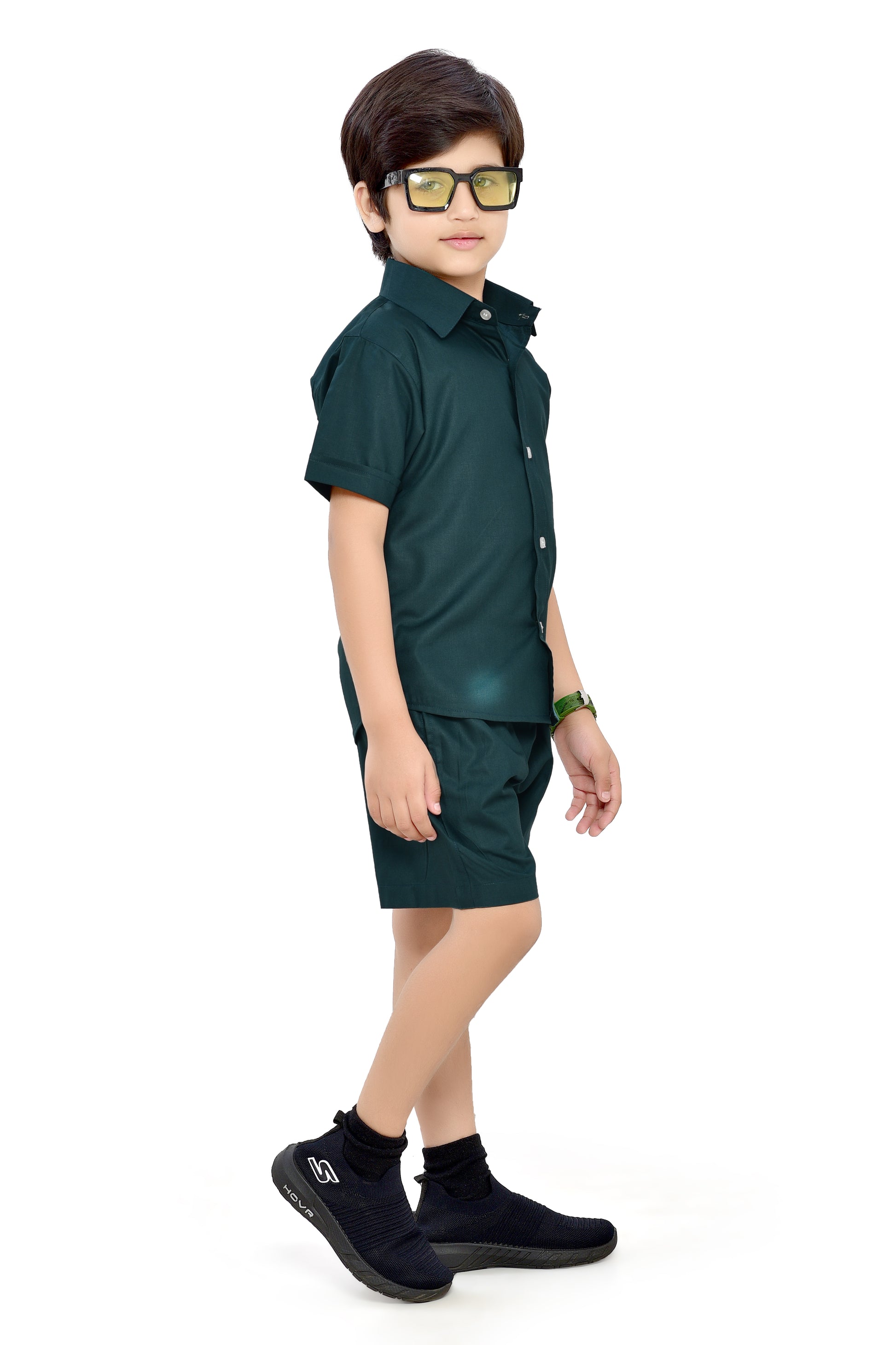Plain Green Summer Cotton Co-Ord Set for Boys - Front
