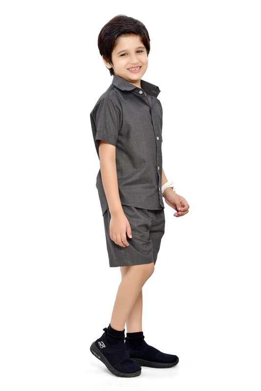 Plain Grey Summer Ready Cotton Co-Ord Set for Boys - Front