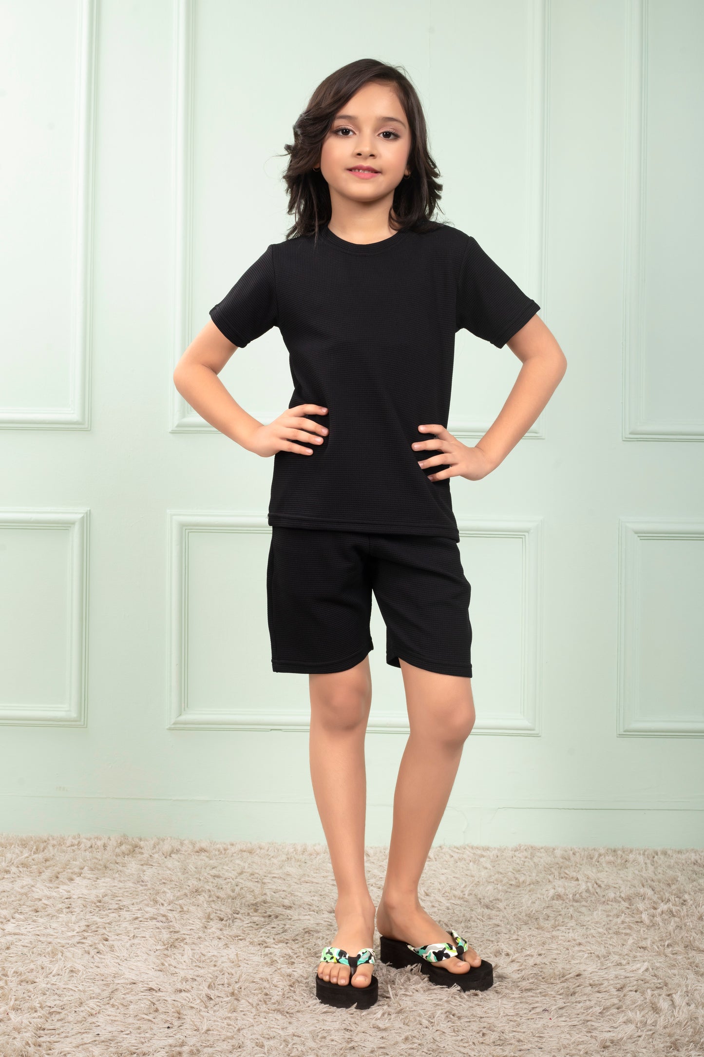 Pure_Cotton_Waffle_Black_color_Girls_shirt_and_shorts_set