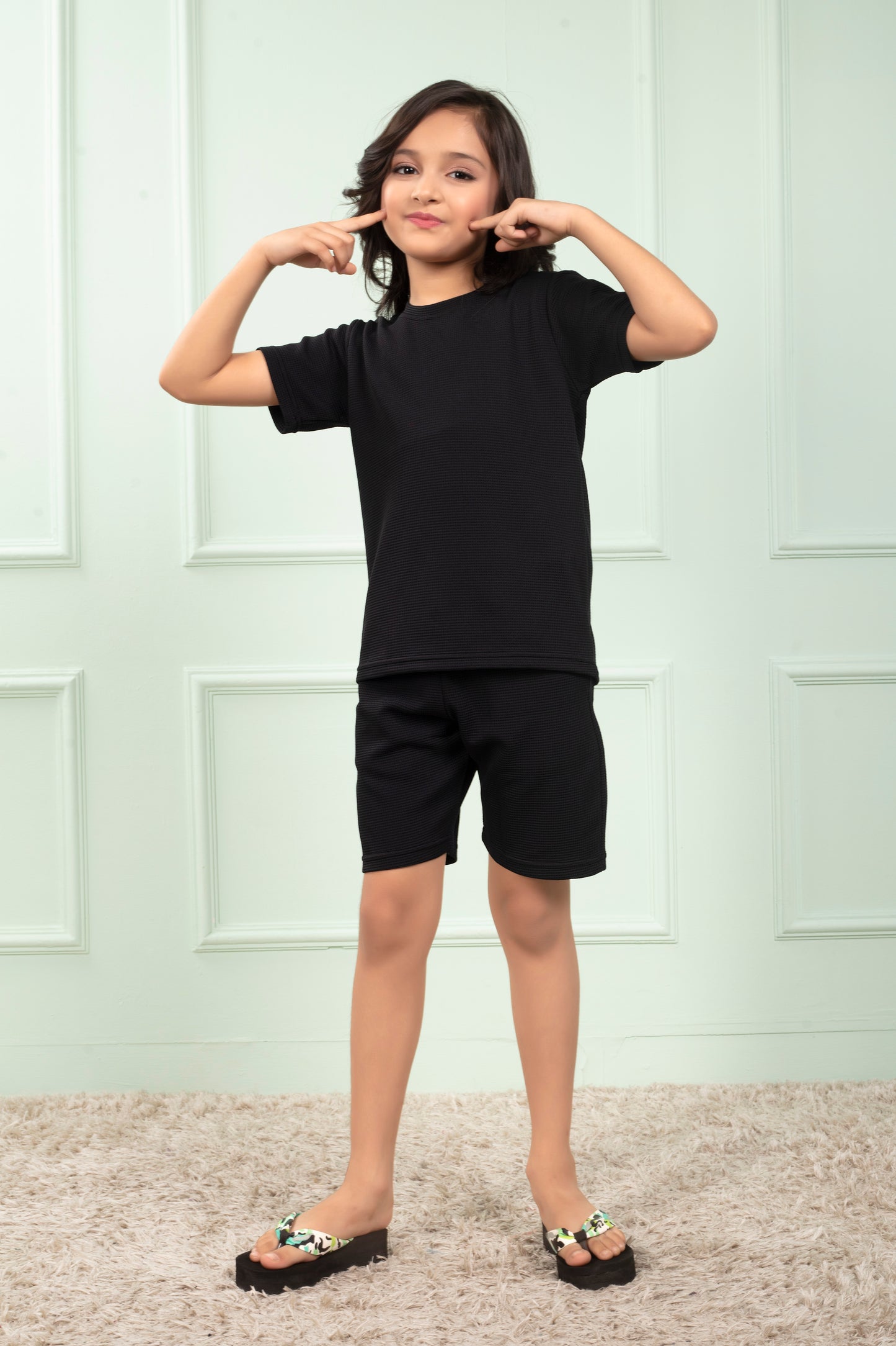 Pure_Cotton_Waffle_Black_color_Girls_shirt_and_shorts_set - Stylish