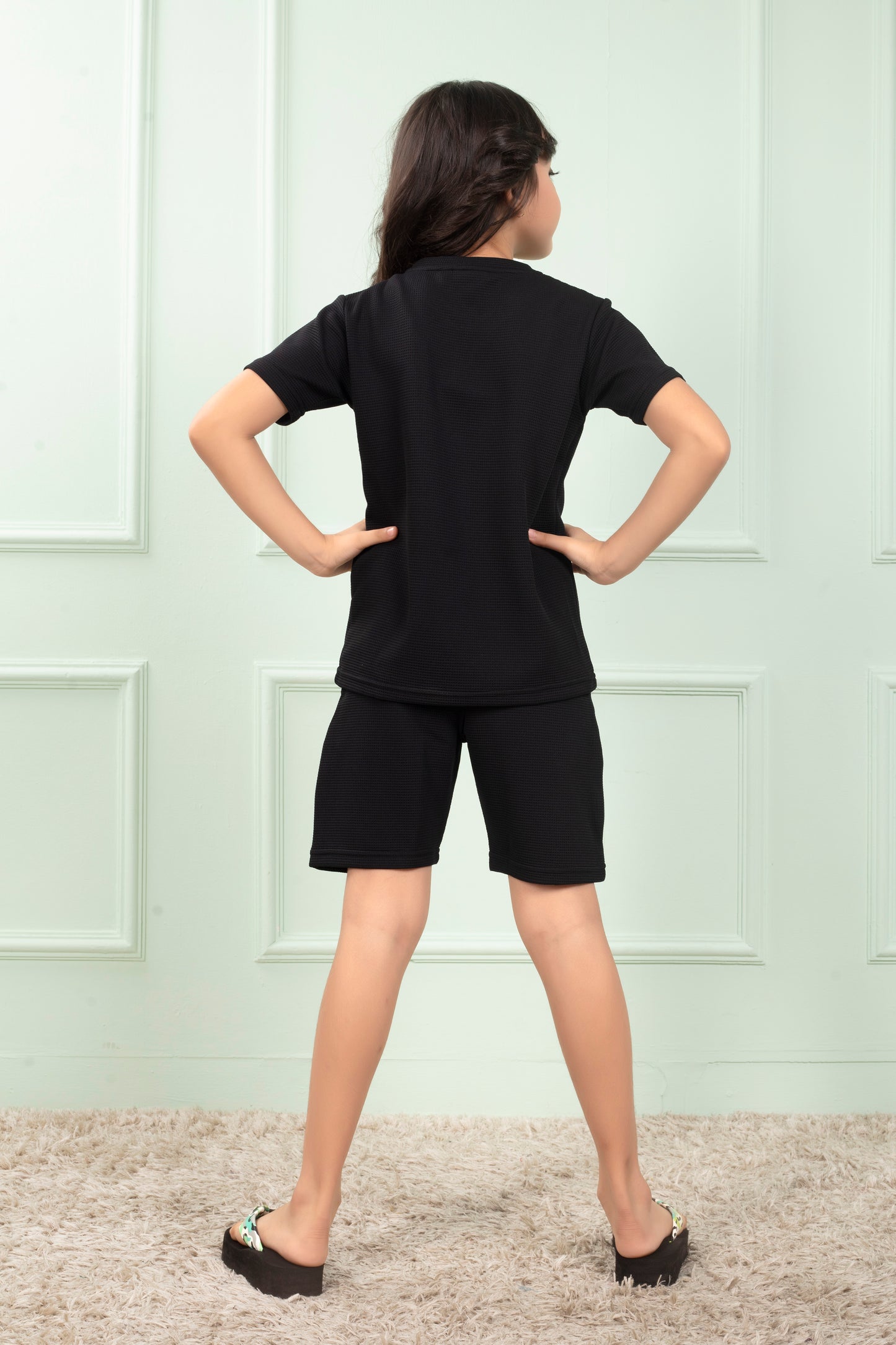 Pure_Cotton_Waffle_Black_color_Girls_shirt_and_shorts_set - BackView