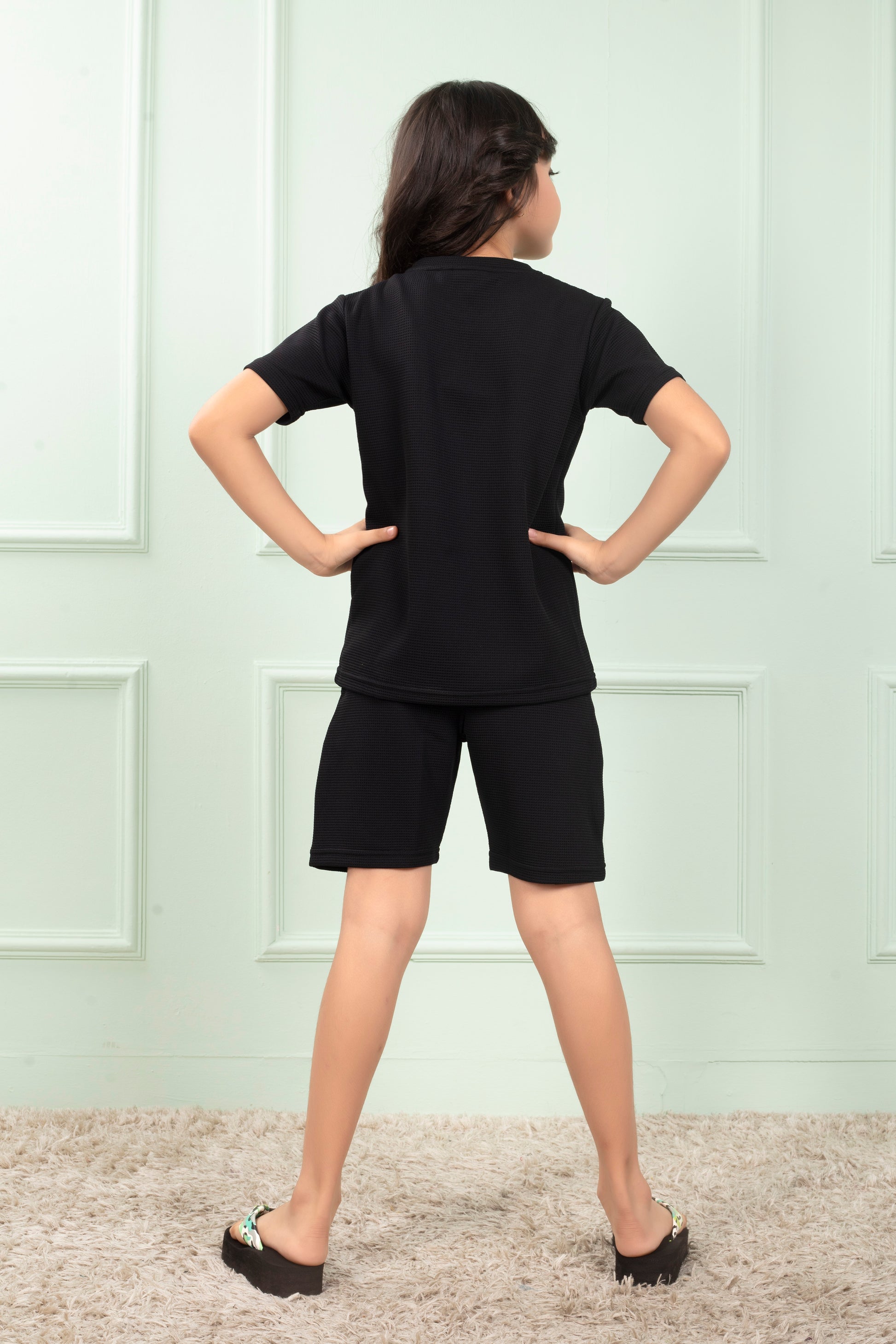 Pure_Cotton_Waffle_Black_color_Girls_shirt_and_shorts_set - BackView