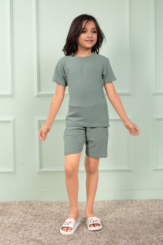 Pure_Cotton_Waffle_Light_Green_shorts_set_for_Girls - FrontView