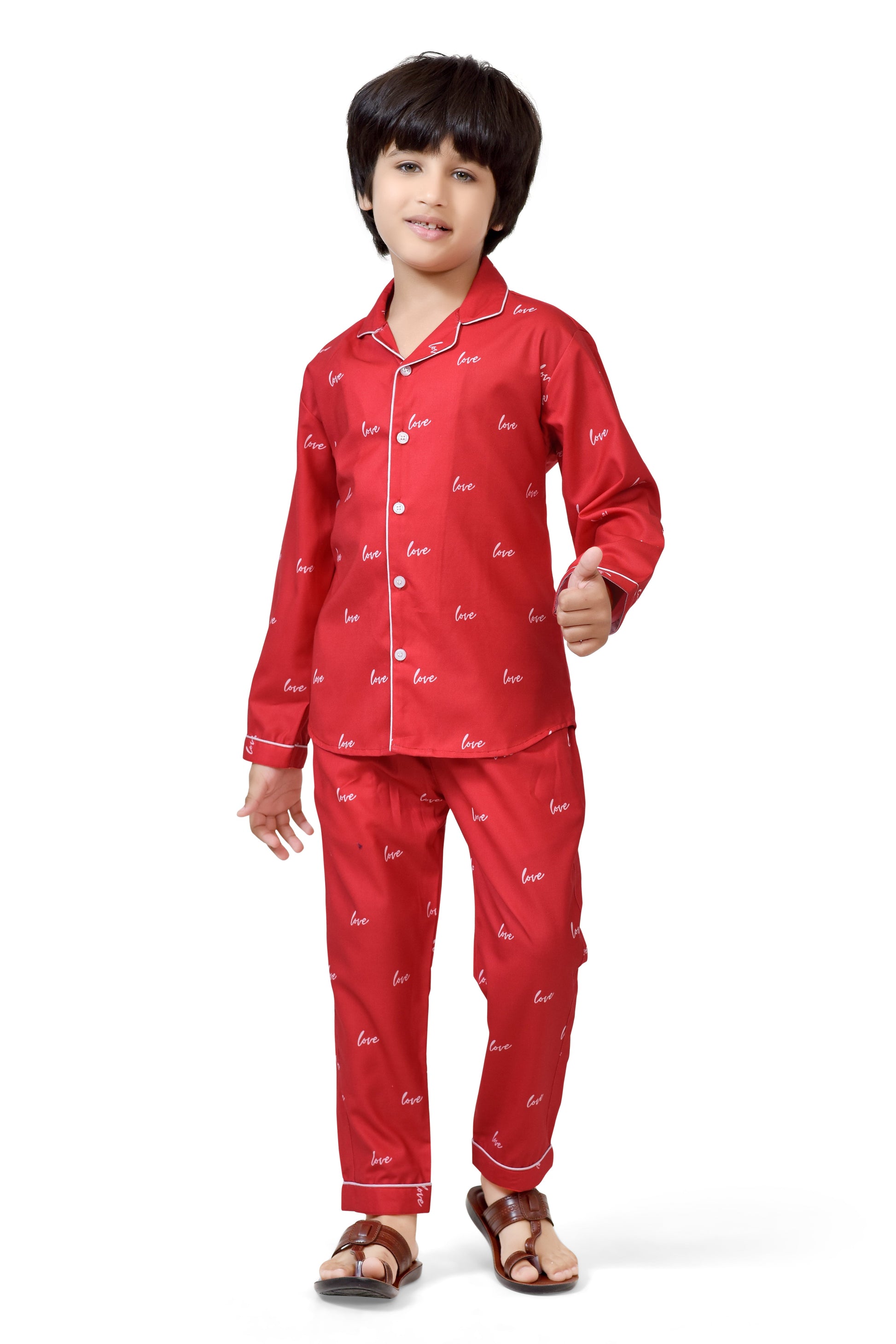 Red Color Love Printed Cute Boys Long Sleeves Nightwear