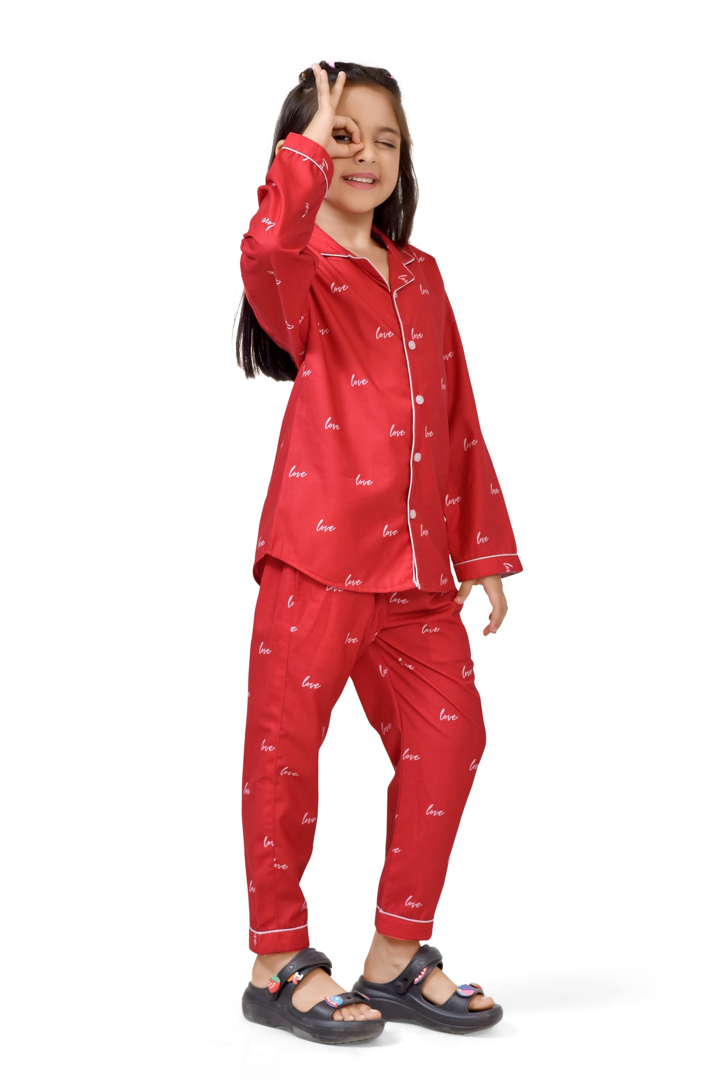 Red Love Printed Stylish Girls Long Sleeve Nightwear