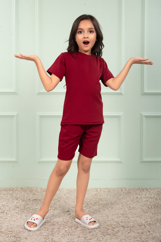 Red_Pure_Cotton_Mario_rib_girls_shorts_co_ord_set