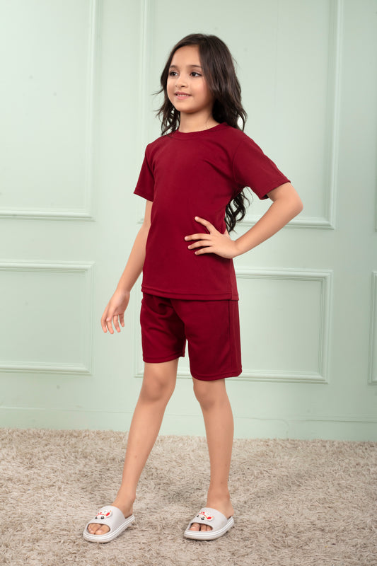 Red_Pure_Cotton_Mario_rib_girls_shorts_co_ord_set - SideView
