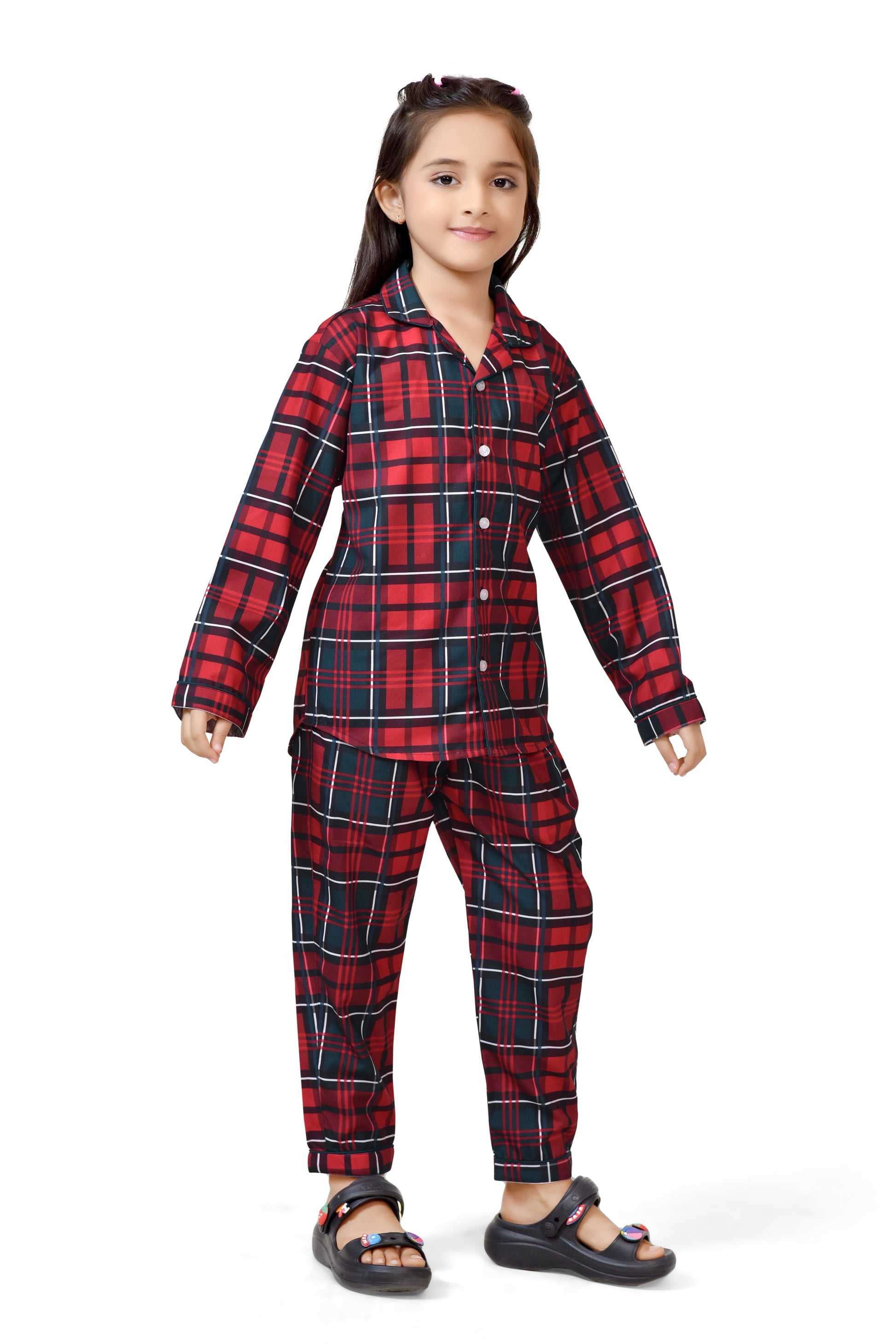 Christmas Theme Red and Black Girls Cotton Night Suit - Side View