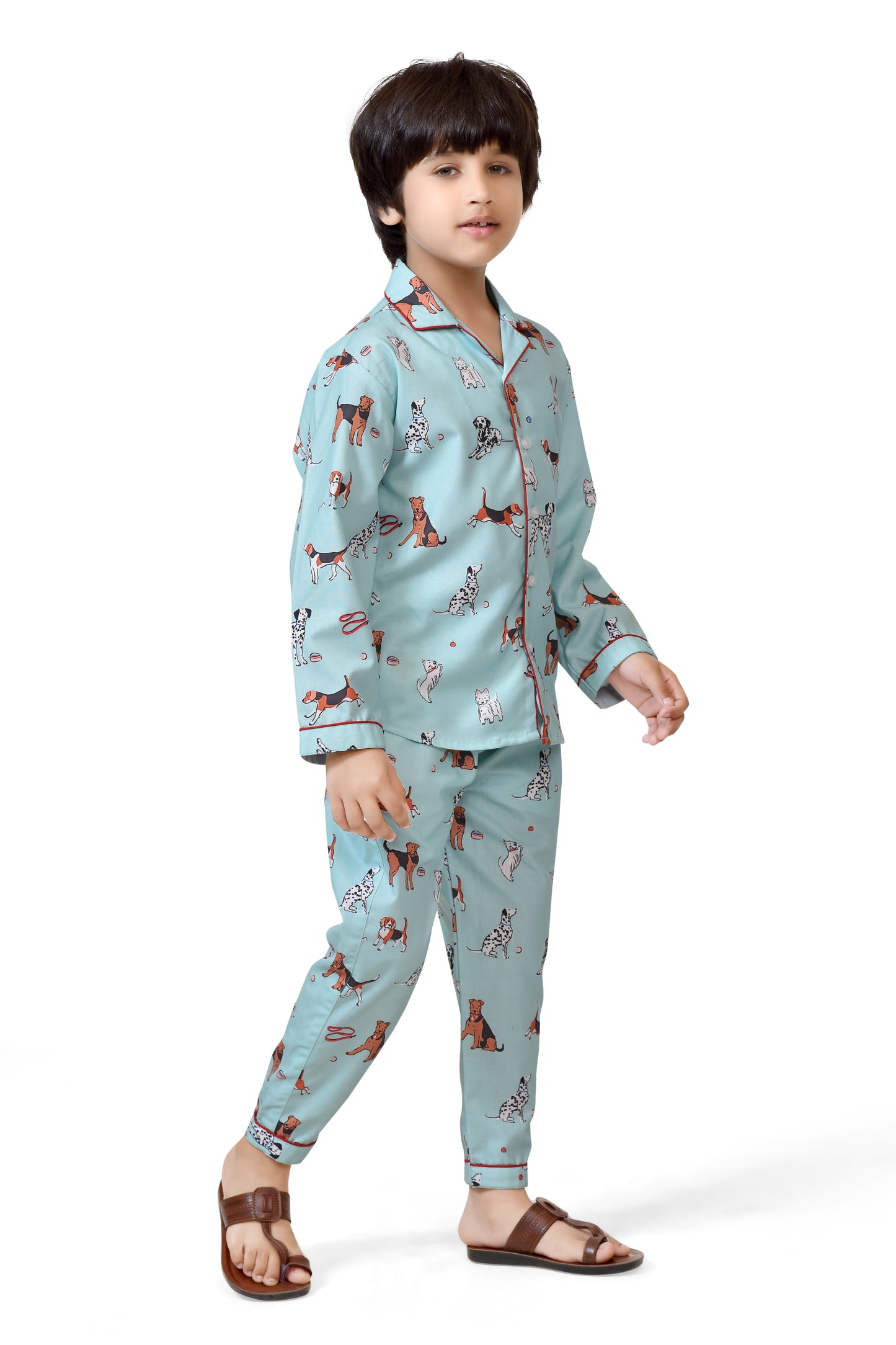 Sky Blue Color Puppy Printed Cotton Boys Long Night Pajama Suit