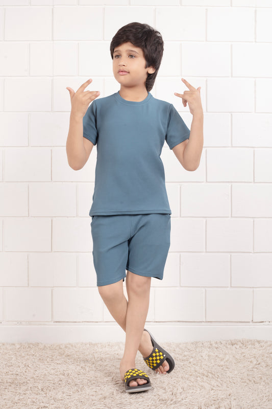 Sky_Blue_Pure_Cotton_waffle_kids_shirt_and_shorts_set  - FrontView