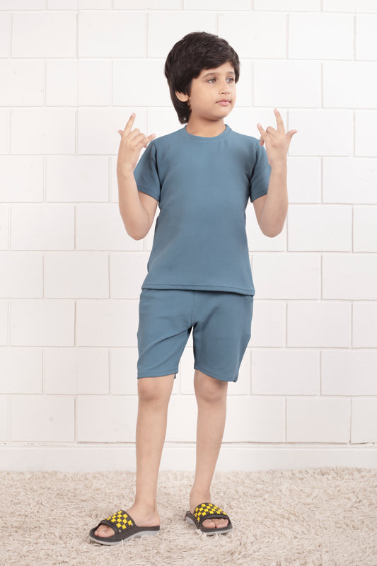 Sky_Blue_Pure_Cotton_waffle_kids_shirt_and_shorts_set  - Front