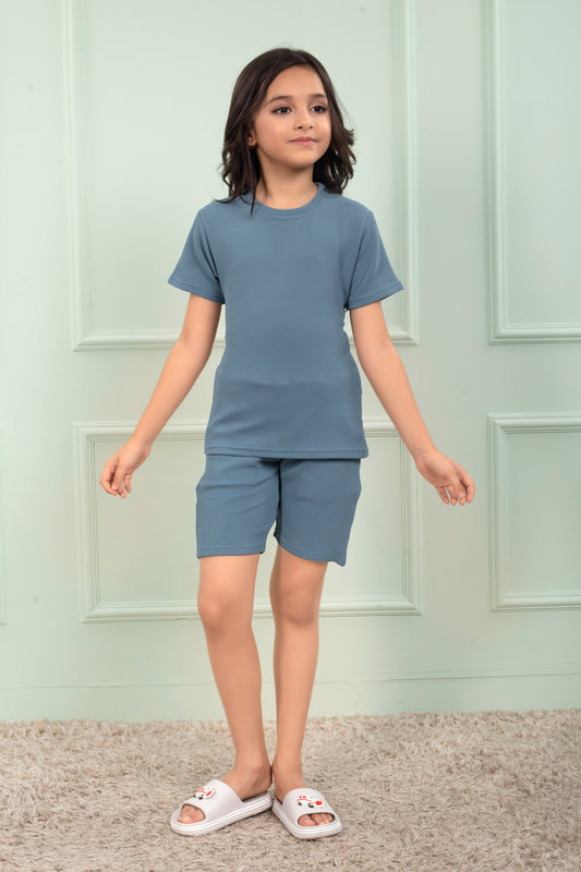 Sky_Blue_Pure_waffle_Cotton_Girls_shorts_and_top_set - FrontView