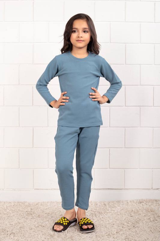 Sky_Blue_Pure_waffle_Cotton_kids_Girl_Pajama  -FrontView