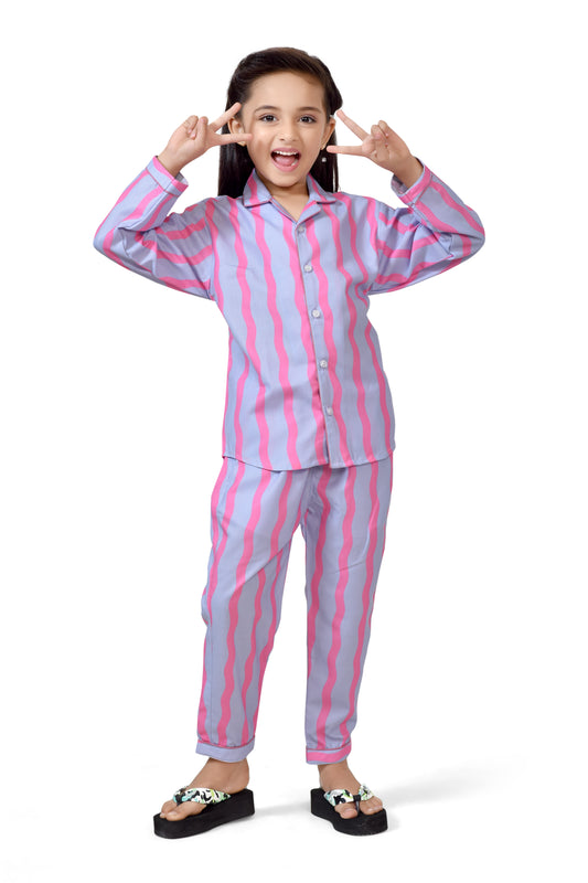 Sky & Pink Striped Printed Girls Cotton Night Dress - Club96.in