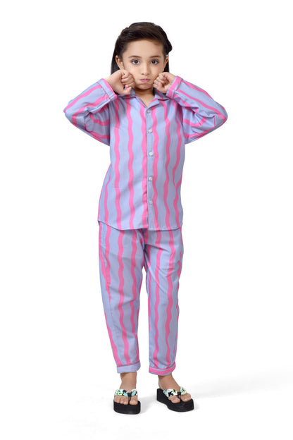 Sky & Pink Striped Printed Girls Cotton Night Dress - Front