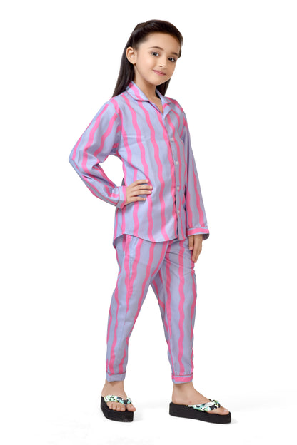 Sky & Pink Striped Printed Girls Cotton Night Dress - Full Sleeve
