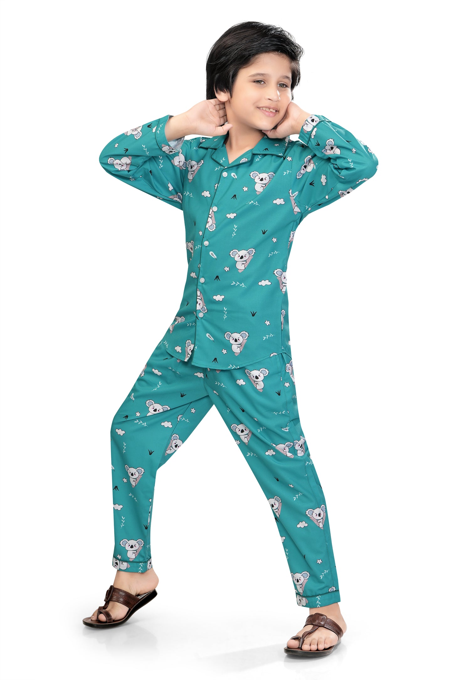 Sky-blue-Teddy-Bear-Printed-Cotton-Nightsuit-Set-Stylish