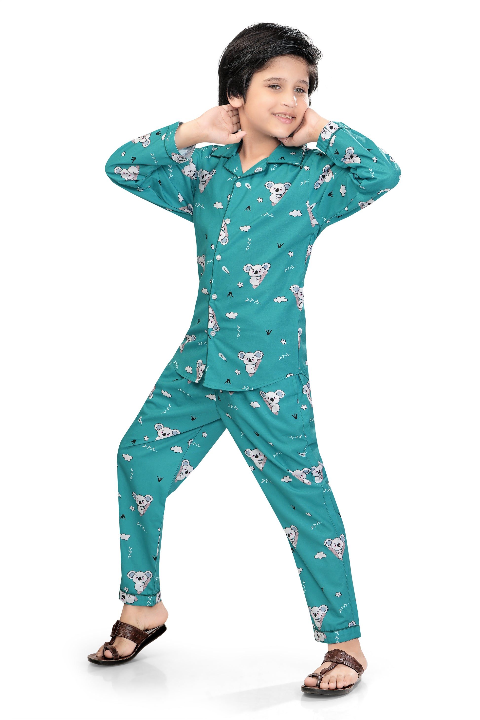 Sky-blue-Teddy-Bear-Printed-Cotton-Nightsuit-Set-Stylish