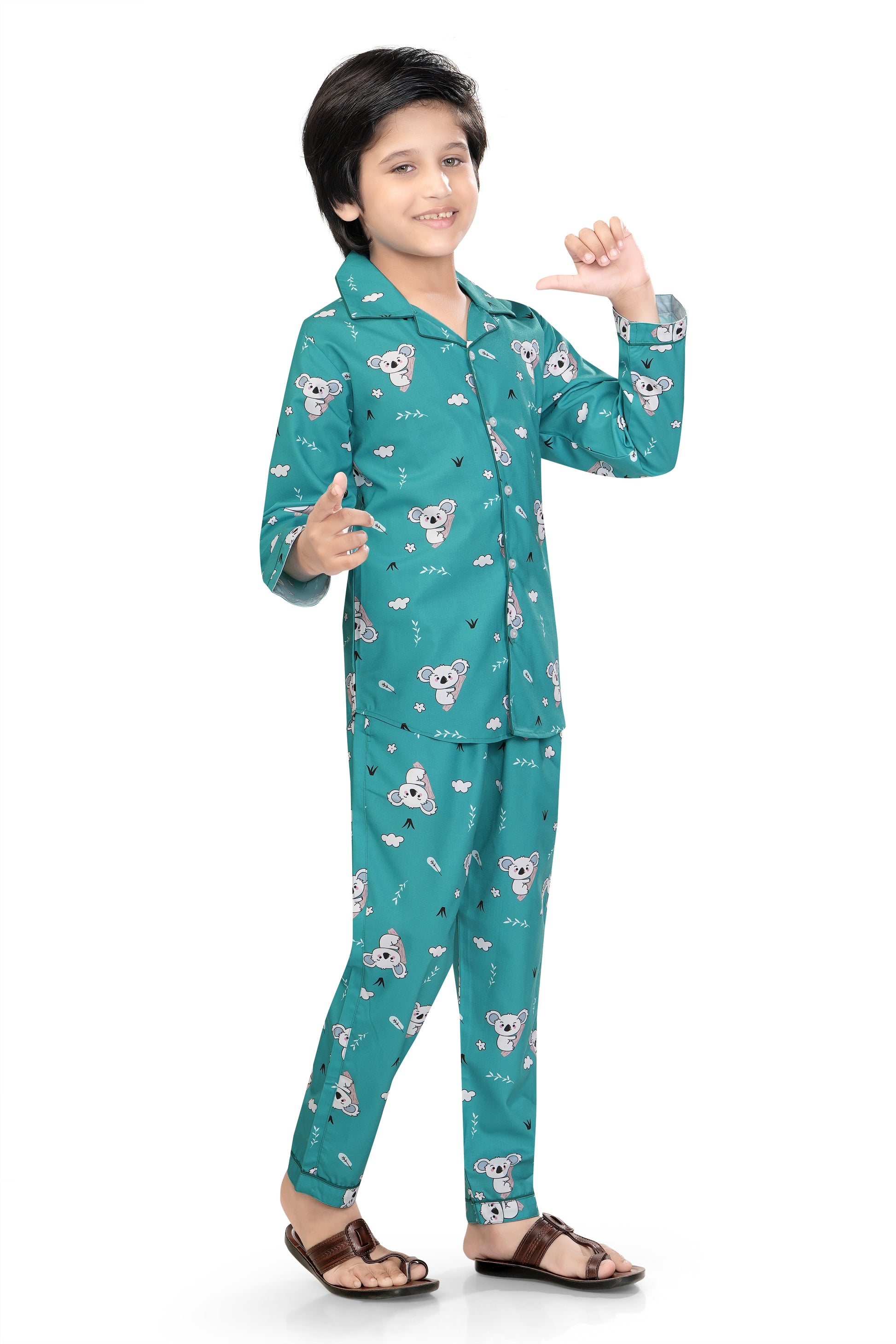 Sky-blue-Teddy-Bear-Printed-Cotton-Nightsuit-Set-SideView