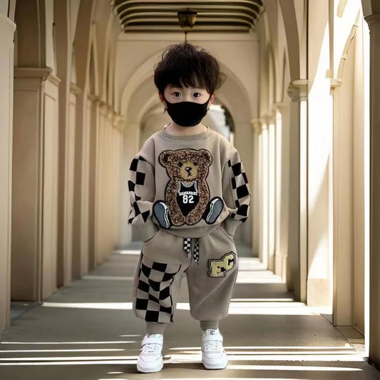 Kids Autumn Clothing Sets, Boys' 2Pcs Embroidery Bear Sweater Shirt & Pants Tracksuit, Casual Spring Clothes for Teenage Boys