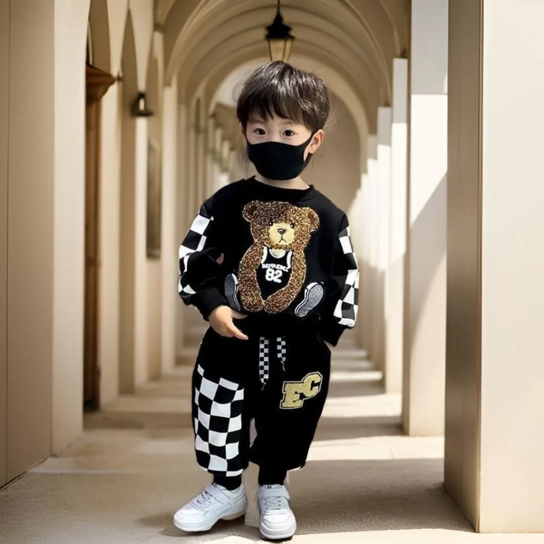 Kids Autumn Clothing Sets, Boys' 2Pcs Embroidery Bear Sweater Shirt & Pants Tracksuit, Casual Spring Clothes for Teenage Boys