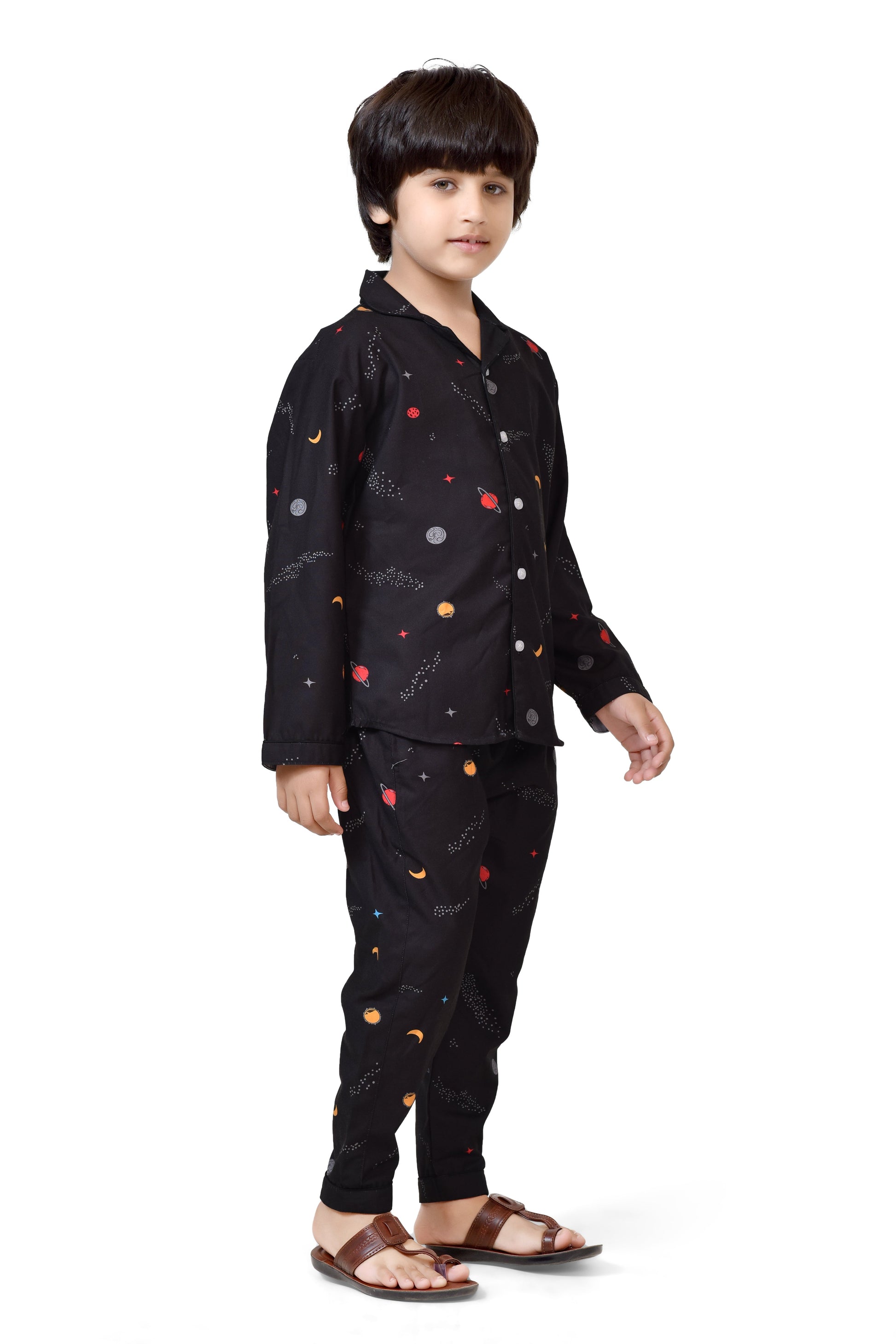 Stylish Black Celestial Printed Long Boys Night Suit