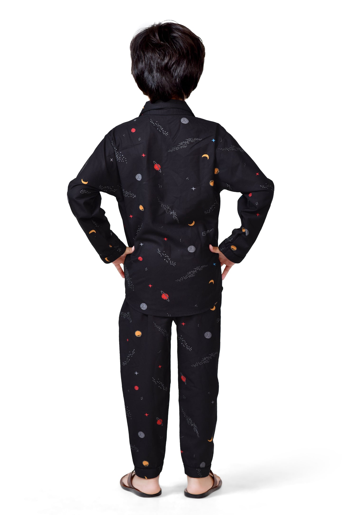 Stylish Black Celestial Printed Long Boys Night Suit - Back Side